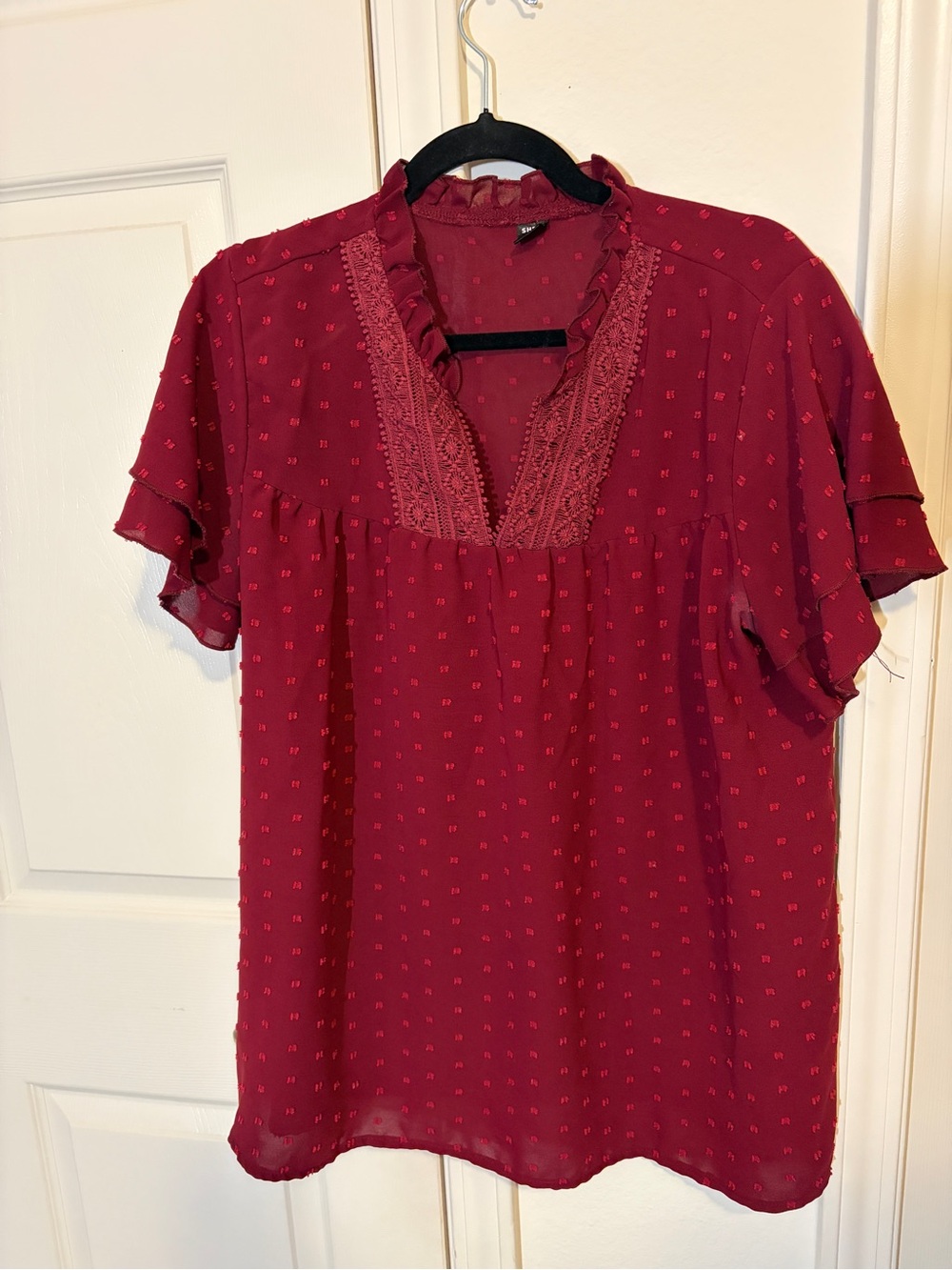 SHEIN Burgundy Lace-Trim Ruffle V-Neck Blouse